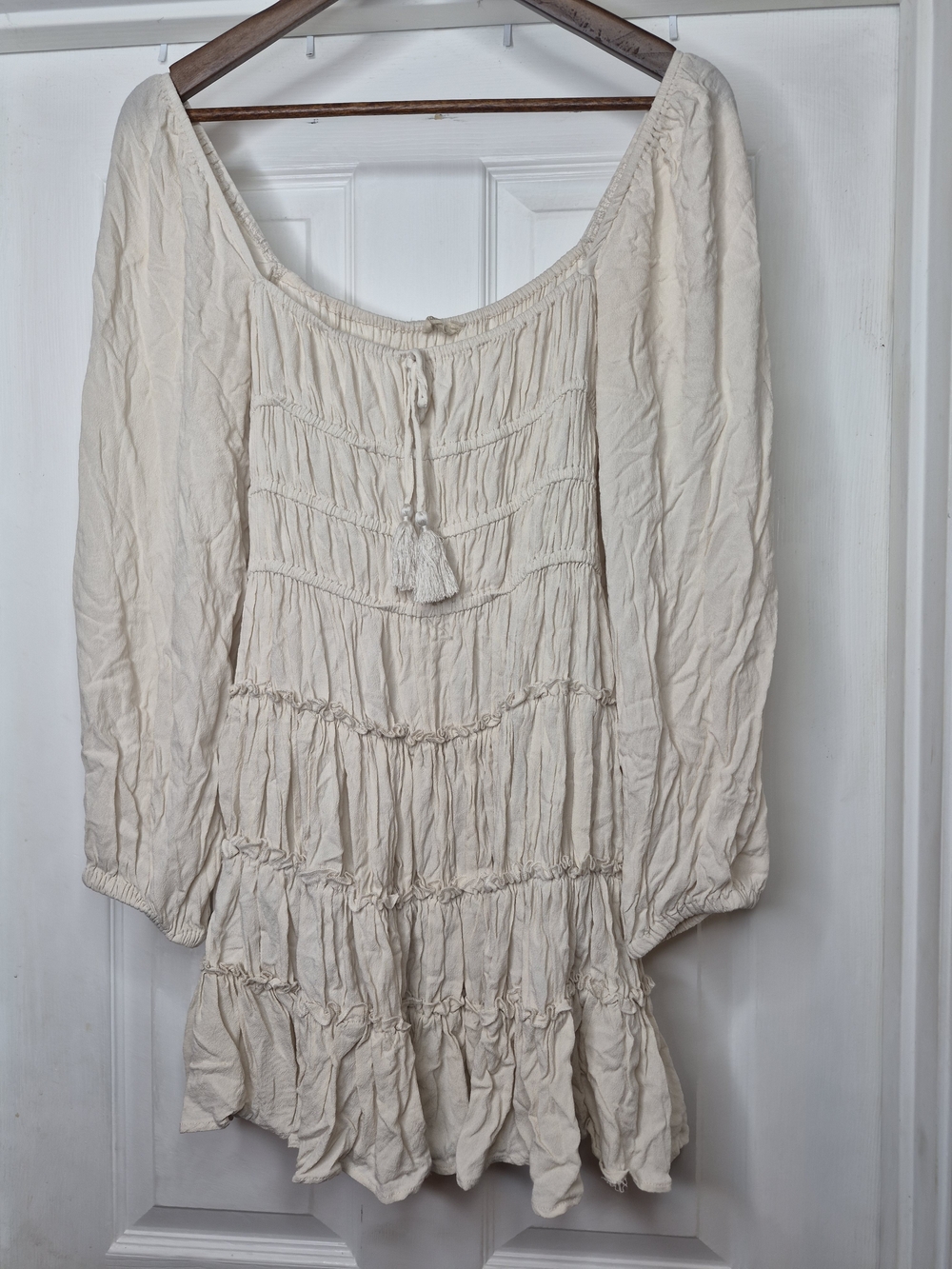 Chelsea & Violet Women's Cream Peasant Blouse with Tassel Tie